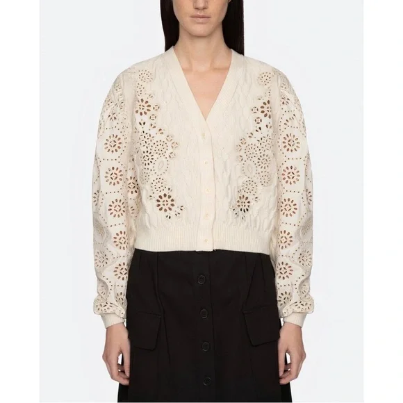 NWT SEA New York Lainey Eyelet-Embroidery Cream Long-Sleeve Cardigan Sweater
